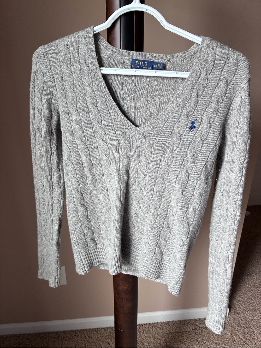 Ralph Lauren Heather Gray Cable Knit V-Neck Sweater